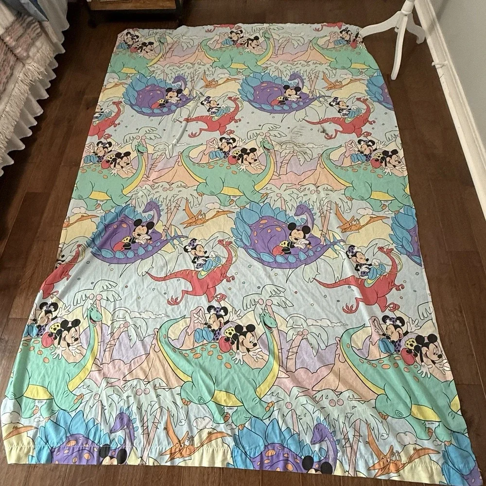 Vintage Disney Mickey Minnie Mouse Dinosaur Flat Sheet Twin 90s Prehistoric Bed